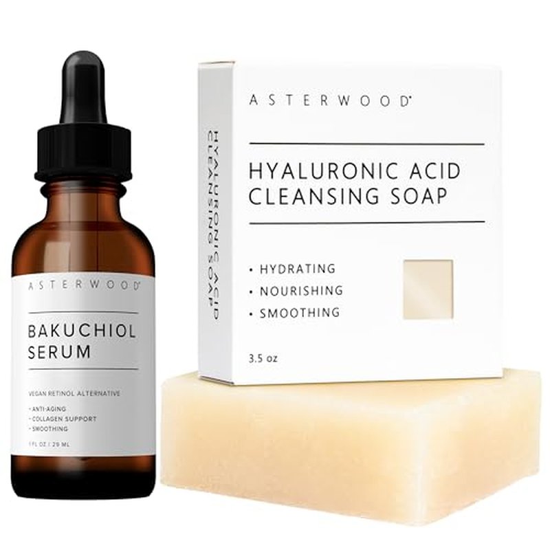 Asterwood Bakuchiol Serum 1 oz + Hyaluronic Acid Cleansing Face Soap 3.5 oz