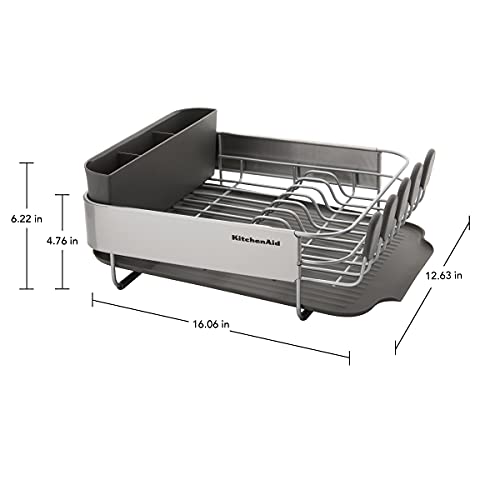 KitchenAid Compact Gray Dish Rack - Space Saving Rust-Resistant with Drain Board & Flatware Caddy - 16.06-Inch