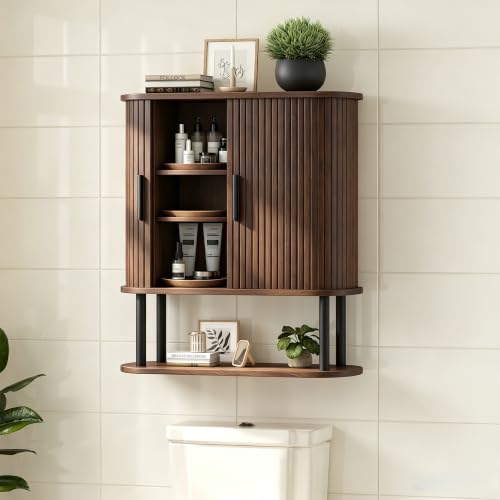 Walnut Fluted Bathroom Wall Cabinet with Tambour Sliding Door - 9.8"D x 23.6"W x 26.3"H - Modern Space Saver