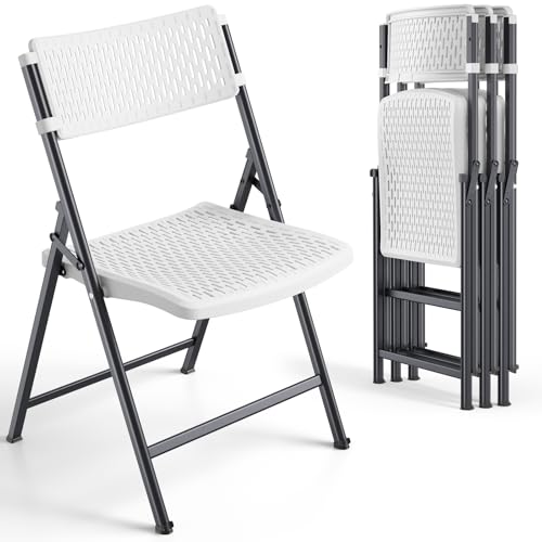 White Folding Chairs 4-Pack - Mesh Plastic & Metal Frame, Indoor Outdoor, Easy Storage