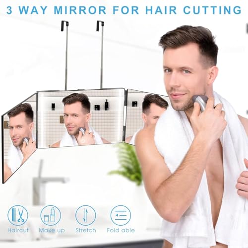 Kirli 3 Way Mirror for Self Hair Cutting ? 360¡Æ with LED Lighting, Portable Trifold Mirror to See Back of Head, Adjustable Hooks, Ideal for Men & Women Styling (Black)