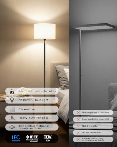 LED Floor Lamp Dimmable with Remote Control, Full Spectrum Eye-Caring Light
