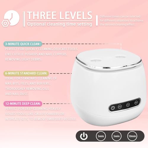 Pinkiou Off White Rechargeable Nail Tool Cleaner with 3 Timer Modes 48000Hz Deep Vibration