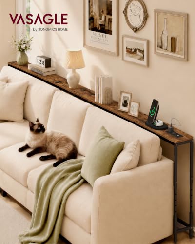Adjustable Console Table 106.3 Inch with Power Outlet - Rustic Brown + Matte Black Variation