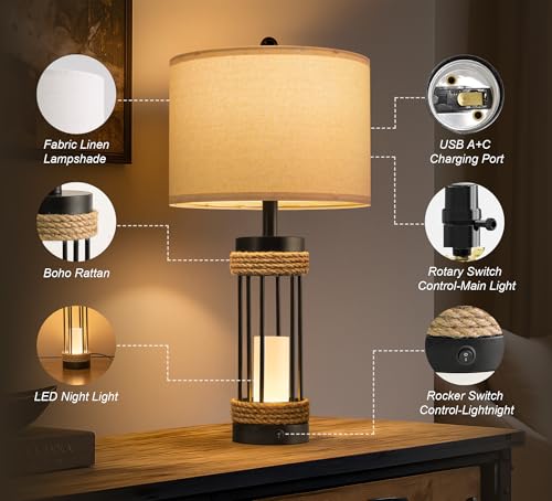 OYEARS Farmhouse Black 25" Set of 2 Table Lamps with Night Light & USB-C Charging Ports