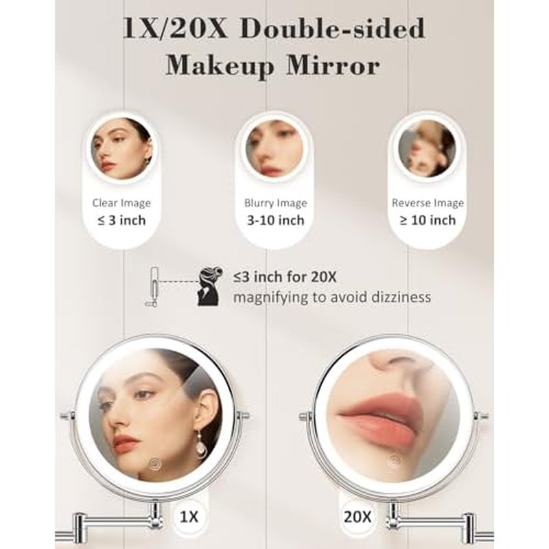 9" Wall Mounted Makeup Mirror with Light, 20X/1X Height Adjustable Double Sided Magnifying Bathroom Lighted Mirror, 3 Color Touch Dimmable Extended Arm 360 Rotation Light up Magnification Mirrors