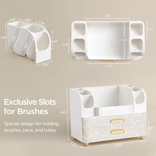 HBlife Makeup Organizer for Vanity with Brush Holder, Large Bathroom Countertop Cosmetic Organizer Skin Care Storage, Easy to Store Nail Polishes, Perfumes, Eyeshadow Palettes, Pearl All White