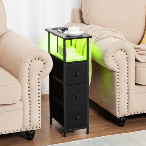 Narrow End Table with Charging Station & LED Light - Black, Set of 2