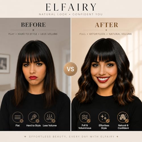 Black Highlights Brown Wig with Bangs - 12-Inch Short Wavy Curly Bob Hair