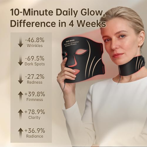 Red Light Face & Neck Mask - Anti-Aging Skin Firming, 7 Color Modes, Portable Rechargeable - Black
