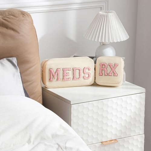 Personalized Chenille Letter Patch 2pcs MEDS and RX Bags Set Beige - Travel & Medicine Storage
