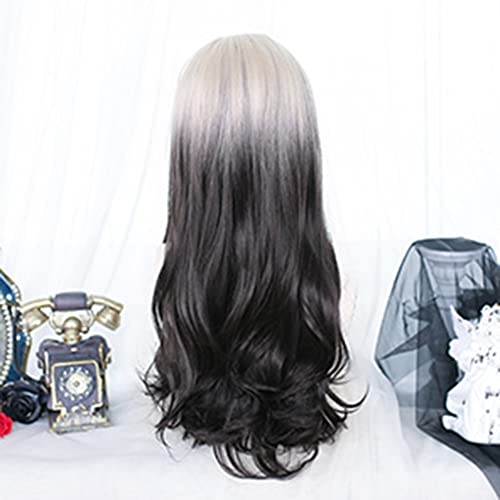 Wavy Long Black White Synthetic Hair Lifelike Daily Sweet Lolita Japanese Hot Princess Cosplay Party Natural Female Wigs with Bangs