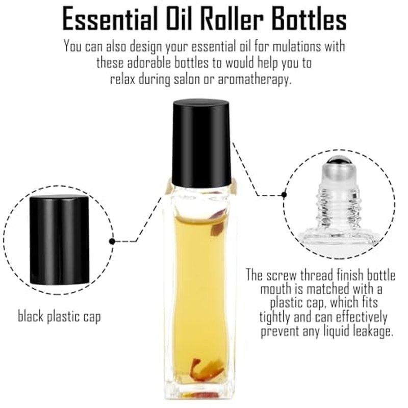 100 Pcs 10 ml Roller Bottles for Essential Oils, Square Thick Empty Glass Roller Bottles with Stainless Steel Roller Balls Protection Leakproof with 5 Funnel for Travel, Black