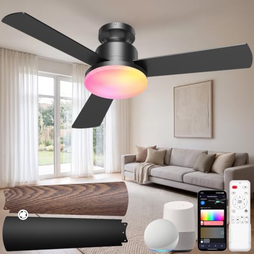 42 Inch RGBW Smart Ceiling Fan Light with Remote - Black + Walnut, Flush Mount