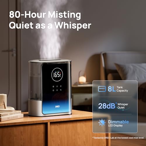 DREO 8L Smart Humidifier for Large Rooms, Warm & Cool Mist, Silver