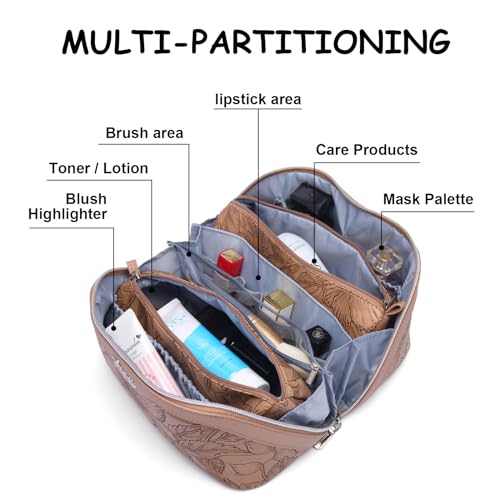 Travel Makeup Bag Set of 3 - Brown Floral Cosmetic Organizer with Handle