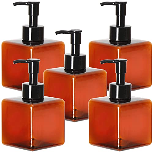 Youngever 5 Pack Amber Plastic Square Pump Bottles, Refillable Plastic Pump Bottles for Dispensing Lotions, Shampoos (8OZ)