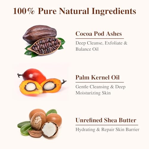 African Black Soap, 100% Pure & Natural, With Raw Shea Butter, Palm Kernel Oil and Cocoa Pods Ash for Dry & Oily Skin Care, Supports Acne & Eczema Treatment, 1 LB (16 oz)