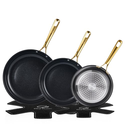 Chef Power Non-Stick Ceramic Frying Pan Set - Stone Black & Light Gold, 8/9/11 Inch Skillets