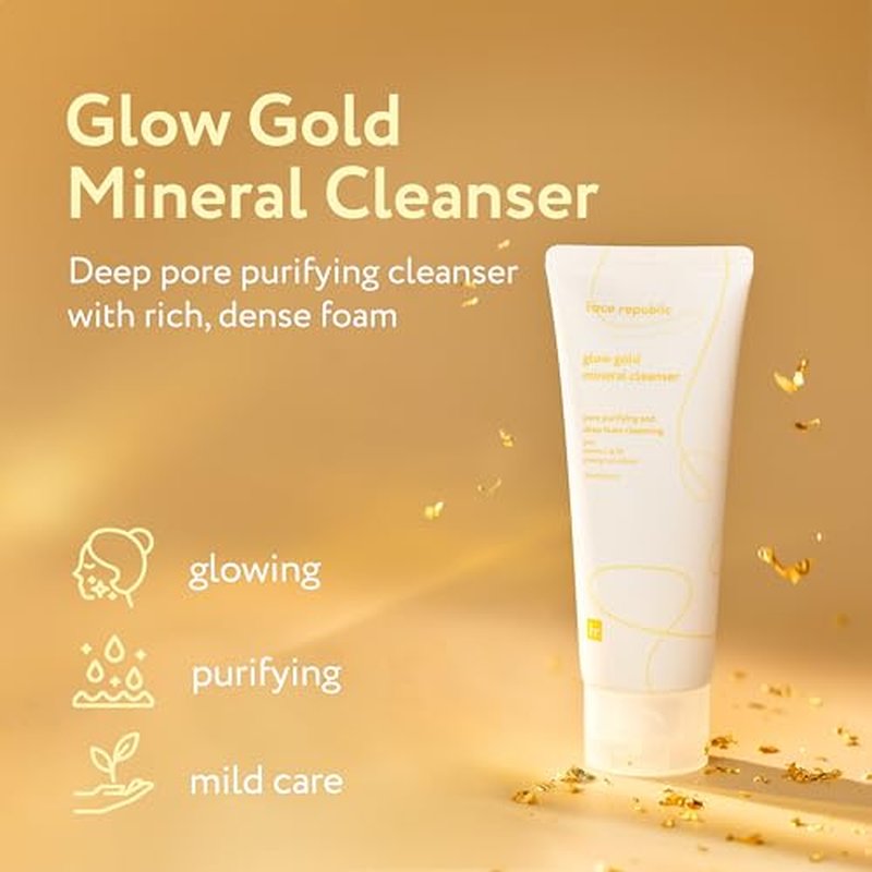 Face Republic Glow Gold Mineral Cleanser 100ml 3.38 fl oz | Deep Pore Purifying Foam | Vitalizing for Dull Skin | Gold, Rice Bran, Ginseng, Vitamins, Niacinamide | Vegan Korean Skincare