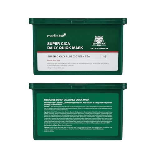 medicube Super Cica Daily Quick Facial Masks (30 Sheets) - 60-Second Soothing & Hydrating Facial Mask with 88% Cica, Instant Cooling & Moisturization - 100% Vegan Certified, Korean Skincare