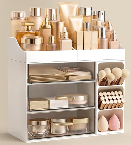 White Makeup Organizer with Drawers and Brush Holder - Large Vanity Storage