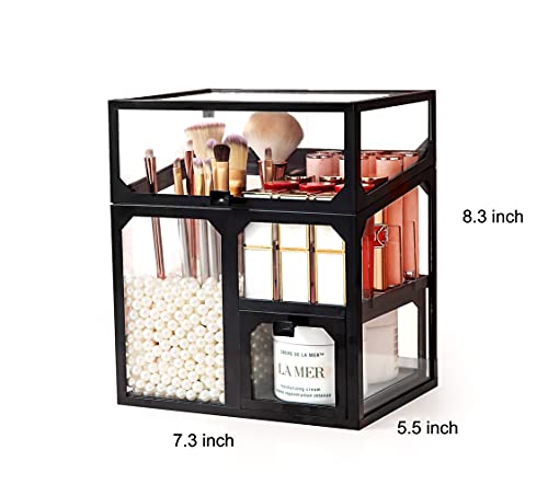 Luxury Glass Cosmetic Organizer with Pearls for Makeup Brushes & Lipsticks