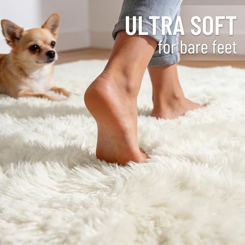 6x9 Ft Ivory Machine Washable Large Area Rug for Living Room & Bedroom - Soft Fluffy Shaggy Floor Carpet