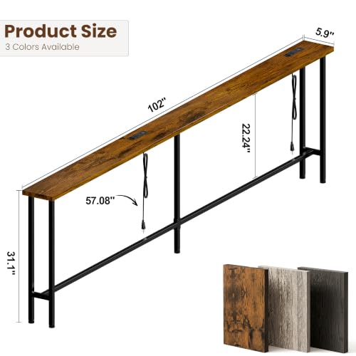 102 Inch Narrow Sofa Table with Power Outlets - Rustic Brown, Extra Long Console Behind Couch