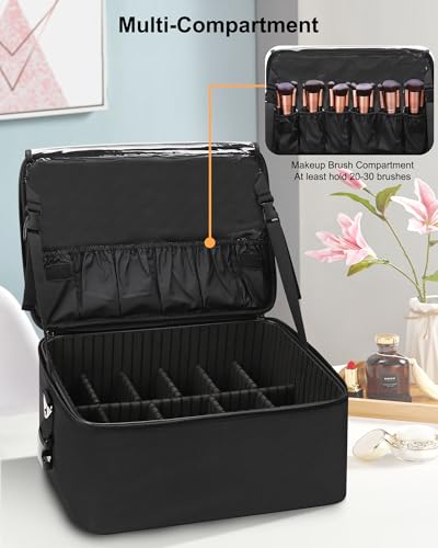 Large Makeup Bag Organizer with Adjustable Dividers - Black, Professional Cosmetic Storage Case