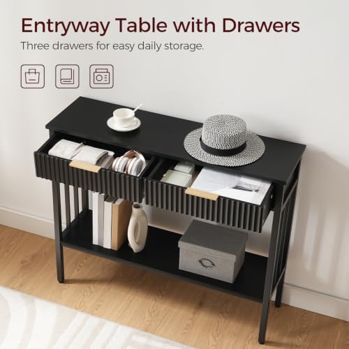 MAHANCRIS 39.4-Inch Black Fluted Console Table with 2 Drawers, Entryway Storage