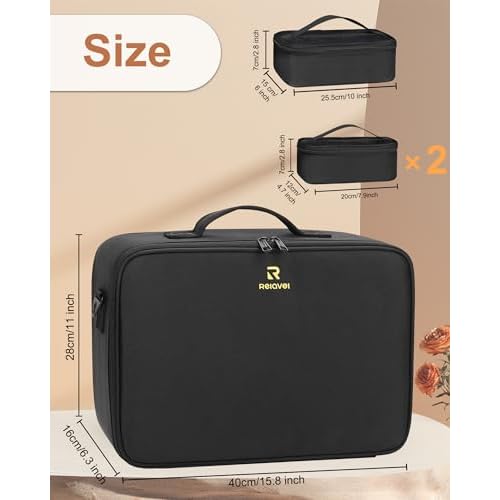 Relavel Large Makeup Bag with 3 Removable Pouches, Travel Train Case Cosmetic Organizer Carrying Box for Makeup Artists Hairstylist with Adjustable Dividers, Brush Holder and Shoulder Strap, Black