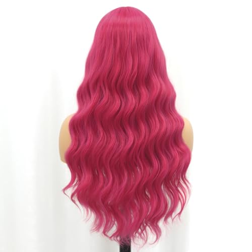 Pink Long Loose Wavy Wig with Bangs - 24 Inch Synthetic Heat-Resistant Hairpiece - Variation: Pink 1