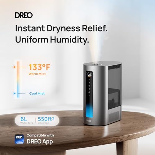DREO 6L Smart Humidifier for Large Bedrooms - Silver, Warm & Cool Mist