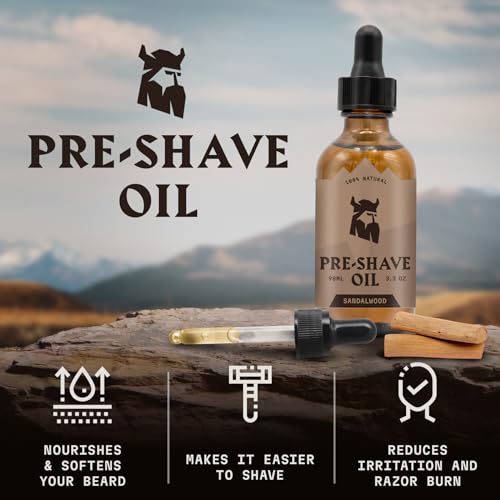 Striking Viking Pre Shave Oil - 3.3 Fl Oz Sandalwood - Safety Razor Prep & Beard Softening - Hydrating Shaving Oil for Men - Soothing Skin Care for All Skin Types
