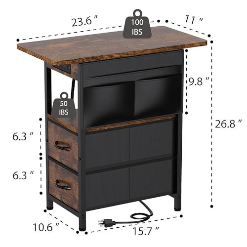 Rustic Brown Small Side Table with Charging Station & Storage Pocket
