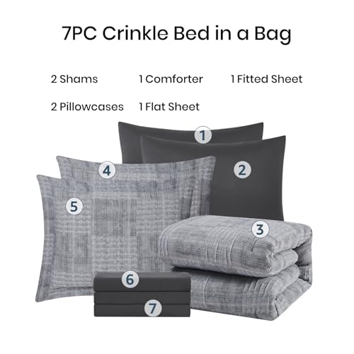 MaiRêve Oversized Queen Comforter Set with Charcoal Grey Crinkle Texture - 7 Pieces