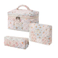 Large Quilted Makeup Bag for Women - 3 Pack Pink Flower Variation