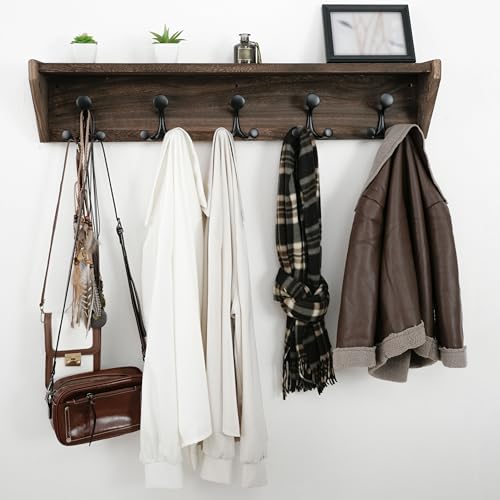 35-Inch Wall Mount Coat Rack with Shelf and Triple Hooks - Weathered Brown