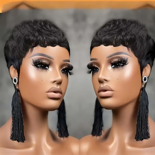 ShowReal Short Wavy Pixie Cut Human Hair Wig - Black, Glueless, Model 9047-1B