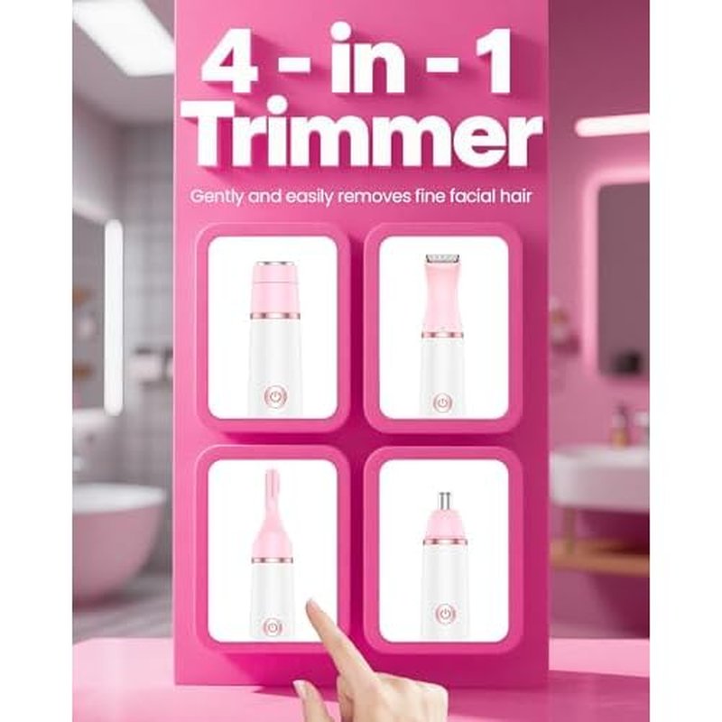 Bikini Trimmer Women & Body Shaver - 4-in-1 Painless Pubic Hair Remover for Sensitive Skin, Rechargeable & IPX7 Waterproof for Wet & Dry Use, for Face/Eyebrows/Nose/Underarms/Legs