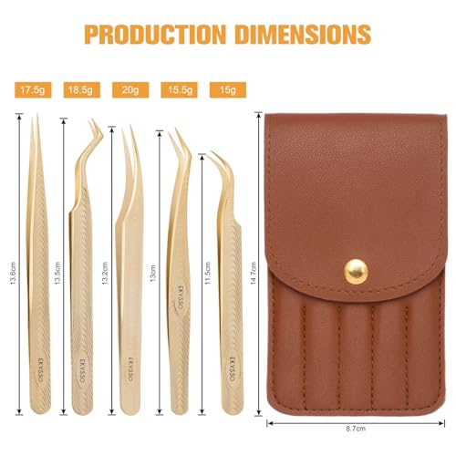 Lash Tweezers for Eyelash Extension, Professional Lash Extension Tweezer Set, High Precision Eyelash Tweezers for Volume Eyelash Extensions (Gold, 5PCS Set)