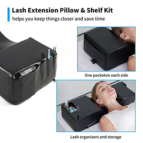 Eyelash Extension Neck Pillow With Acrylic Shelf Organizer Stand, PU Leather Waterproof Lash Extension Grafting Pillow Makeup Tool Display Cabinet Shelves - Black Shelf + Black Pillow Updated