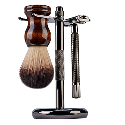 Grandslam Shaving Kit for Men, Safety Razor with 10 Blades, Shaving Brush, Stand and Soap Cream, Stainless Steel Bowl, Canvas & Leather Dopp Kit Gift Set