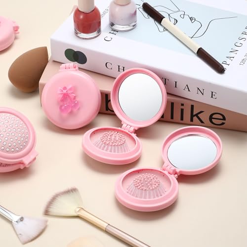 Pink 24 Pack Foldable Travel Hair Mirror Comb Set with Bows - Portable Small Size