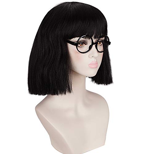 Black Cosplay Wig with Bangs & Glasses Frame for Women - Heat-Resistant Synthetic Hair