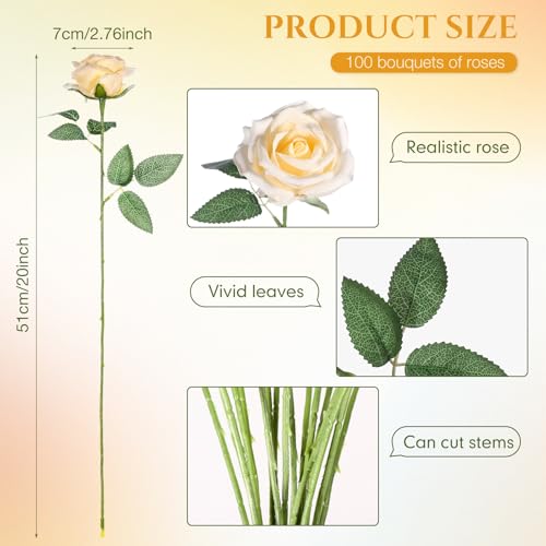 Artificial Champagne Rose Flowers Bulk Set - 100 Faux Florals for Weddings & Decor