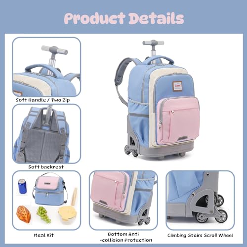 Kids 18-Inch Rolling Backpack Set with Lunch Bag & Rain Cover - Blue Pink - Effortless Stair-Climbing