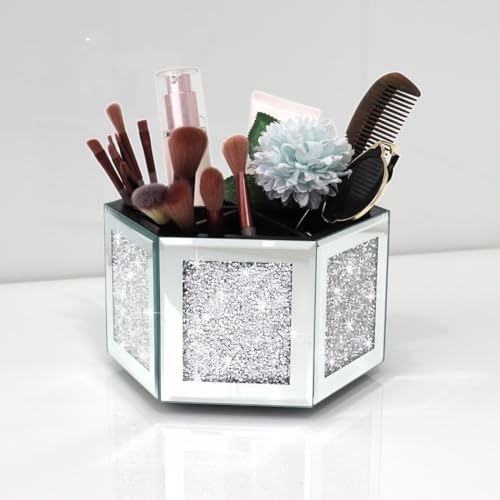 Rotatable Multifunctional Jewelry Utensil Holder Hexagon Jewelry Make up Organizer Cups Crush Diamond Mirror Decor, brush/office pen cup holder Eyeliners Display Case for Vanity