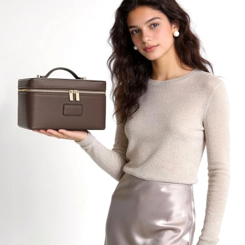 HiTotes Large Waterproof Leather Makeup Bag with Removable Divider - Coffee